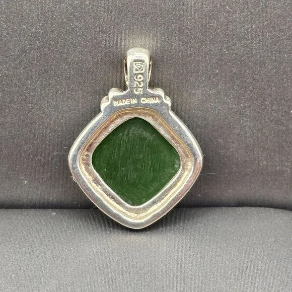 Jade Sterling Silver Square Pendant Green Gemstone 925 Hallmark Signed - Picture 2 of 7